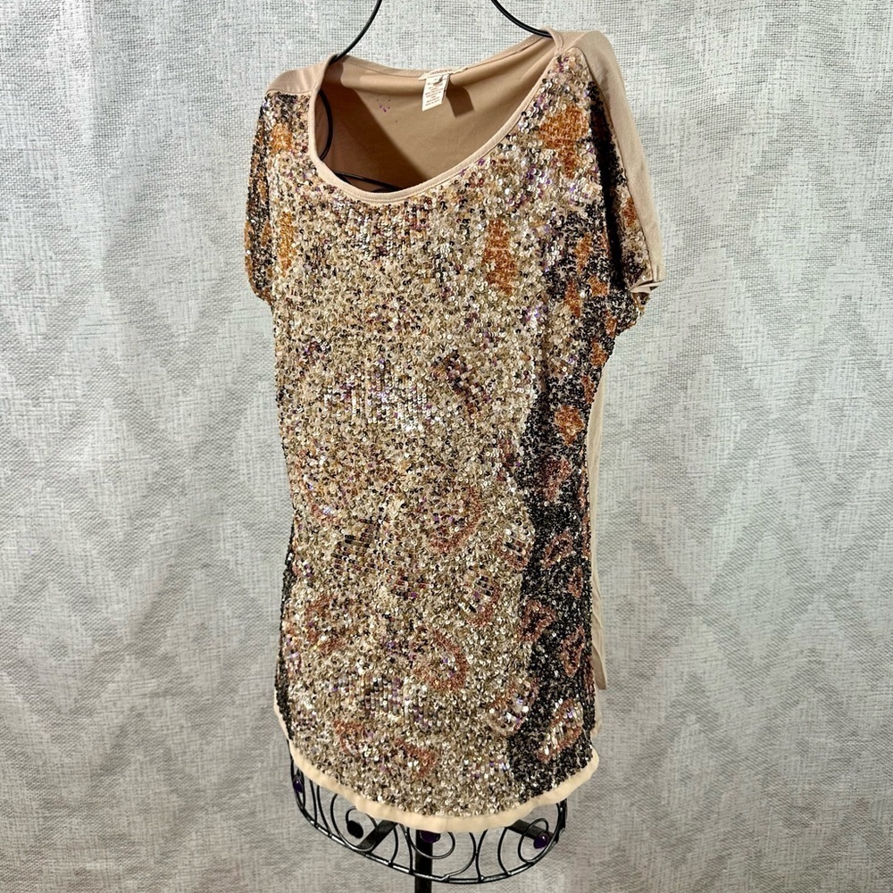 Sundance tan multi-color sequin scoop neck blouse size M - Picture 5 of 10